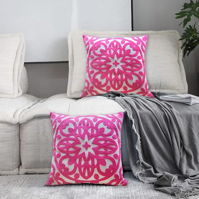 Alysheer Embroidered Decorative Throw Pillow Covers 18"x18" Set of 2 Pieces, Cozy Chic Boho Mandala Knit Pattern, Durable 100% Cotton Canvas Cushion Cases for Sofa Couch Living Room(Vivid Hot Pink)