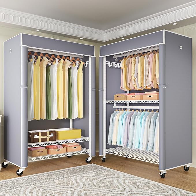 FUTASSI White Clothing Rack with Grey Cover, P1C Plus Rolling Closets with Wheels, Metal Garment Rack for Hanging Clothes, Clothing Storage Wardrobe, 46" W x 18.5" D x 80.7" H, Load 524 Pounds