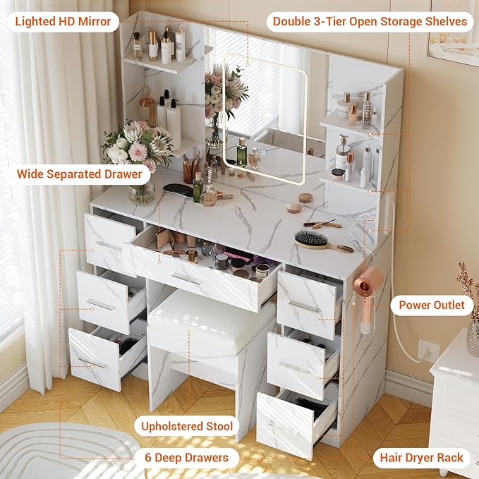 Hetoy Vanity Desk with Mirror and Lights - Makeup Vanity Desk with Chair - Dressing Table with 7 Drawers and Hair Dryer Rack for Bedroom