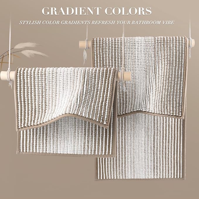 Bathroom Rugs and Mats Sets, 2 Piece Thick Absorbent Chenille Bath Mat Rug Set Non Slip, Soft Shaggy Bath Room Floor Mats for Bathroom, Machine Washable (Light Taupe, 20" x 32" Plus 16" x 24")