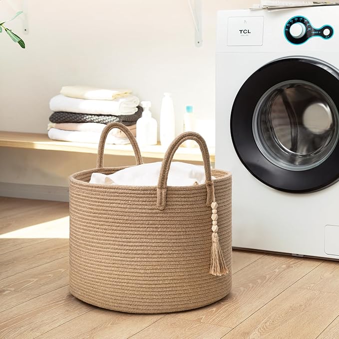 Goodpick Large Wicker Laundry Basket Jute Woven Basket for Clothes, Shoes, Towels, Decorative Storage Basket in Living Room, Bathroom, Entryway, Round Toy Basket 17.7 x 12.6 Inches, Jute