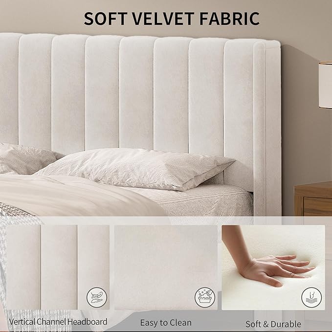 Twin Size Upholstered Platform Bed Frame with Modern Wingback & Vertical Panel Headboard, Velvet Fabric, Wooden Legs & Slats Support, No Box Spring Needed, Noise-Free & Easy Assembly, Cream