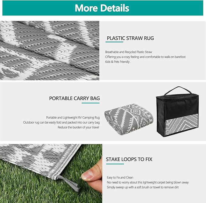 Waterproof Outdoor Rug 9x12 ft, Reversible Plastic Straw Mat, Large Floor Mat for Patio, Camping, Picnic, Backyard RV, Deck, Grey