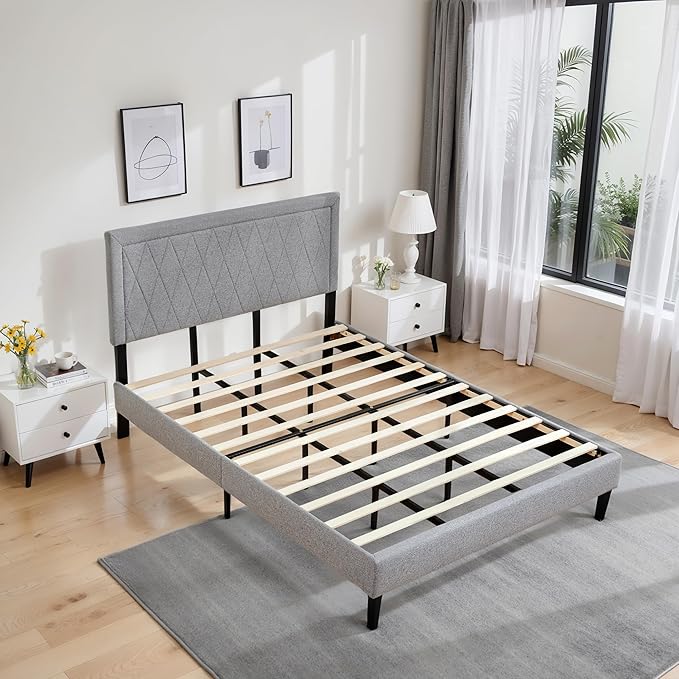 Hokway Bed Frame Upholstered Platform Bed with Headboard Wooden Slat Support No Box Spring Needed(King, Light Gray)