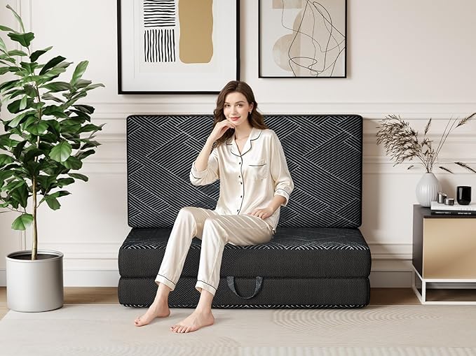 Vamcheer Tri Folding Mattress, 4 inch Full Foldable Mattress, Tri-fold Memory Foam Mat with a Collapsible and Washable Cover, Handle & Non-Slip Bottom, for Travel/Guest, 73"x52"x4", Grey