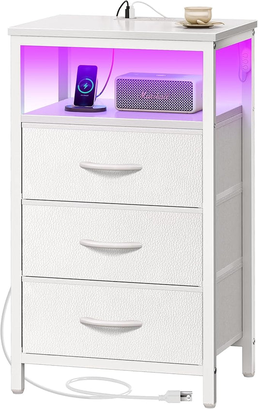 Huuger Night Stand with Charger Station and LED Lights, 3 Drawer Nightstand, Bed Side Table with Open Shelf, End Table, Tall Fabric Dresser for Bedroom, PU Leather, White