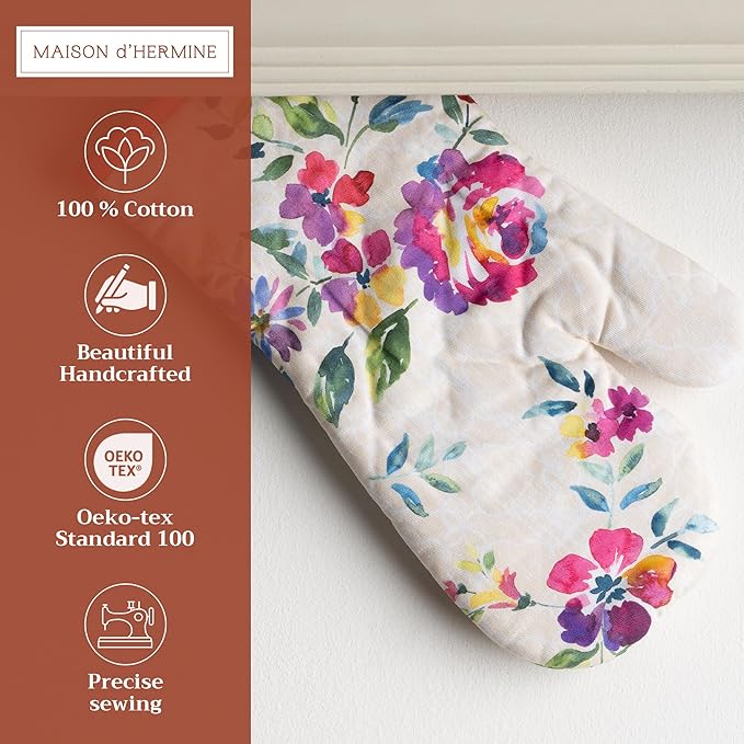 Maison d' Hermine Oven Gloves 100% Cotton Oven Mitt 7" x 13" with Loop Heat Resistant, BBQ, Cooking Gloves, Baking, Grilling, Kitchen, Handling Hot Pans Spring/Summer (Pack of 1, Rose Garden)