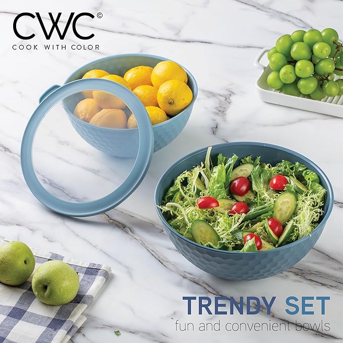 COOK WITH COLOR Mixing Bowls with Lids - 12 Piece Plastic Nesting Bowls Set includes 6 Prep Bowls and 6 Lids, Non Slip Bottom and Embossed Design - Microwave Safe (Blue)