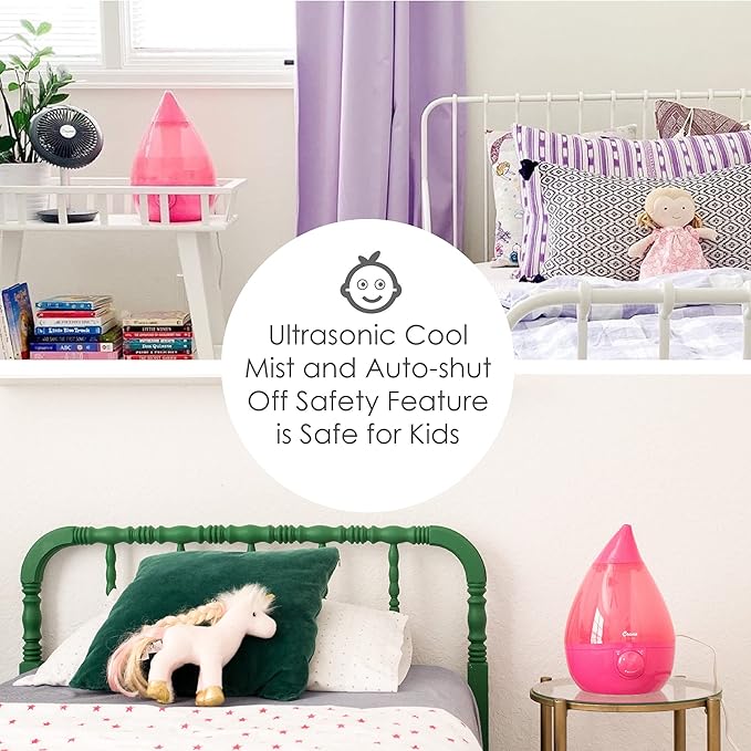 Crane Ultrasonic Humidifiers for Bedroom and Office, 1 Gallon Cool Mist Air Humidifier for Large Room and Home, Humidifier Filters Optional, Pink