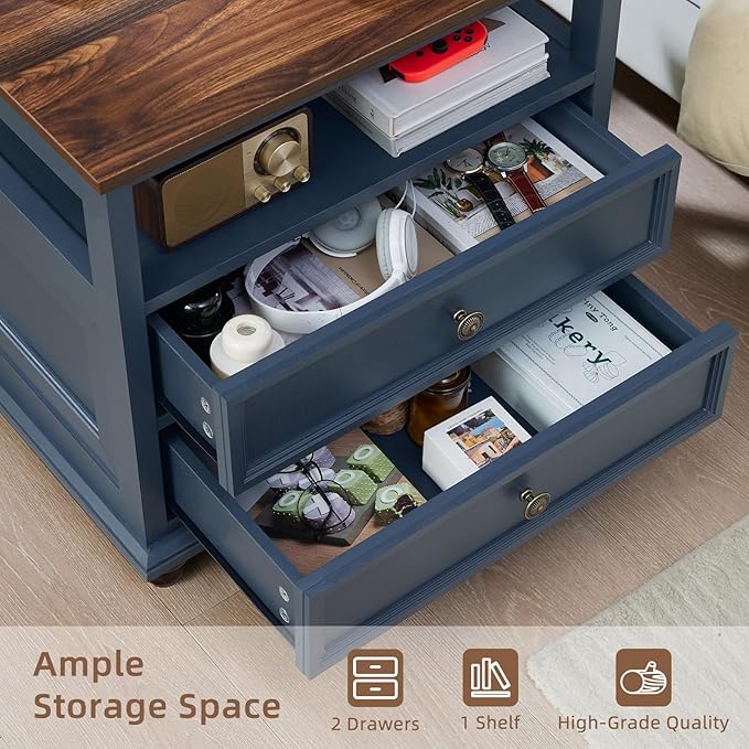 24" Wide Farmhouse Night Stand Set of 2,Large End Table with 2 Drawers & Metal Handle,Blue Wood Dresser for Bedroom, Bed Side Table Chest of Drawers Cabinet, Nightstand for Living Room,Closet