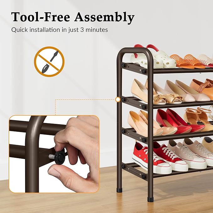 4 Tier Shoe Rack for Closet,Shoe Organizer, 28“ Metal Shelf Can Expandable to 42“, for Bedroom, Entryway, Living Room, Garage, Adjustable to 24 Pairs Shoes, Rustic Brown