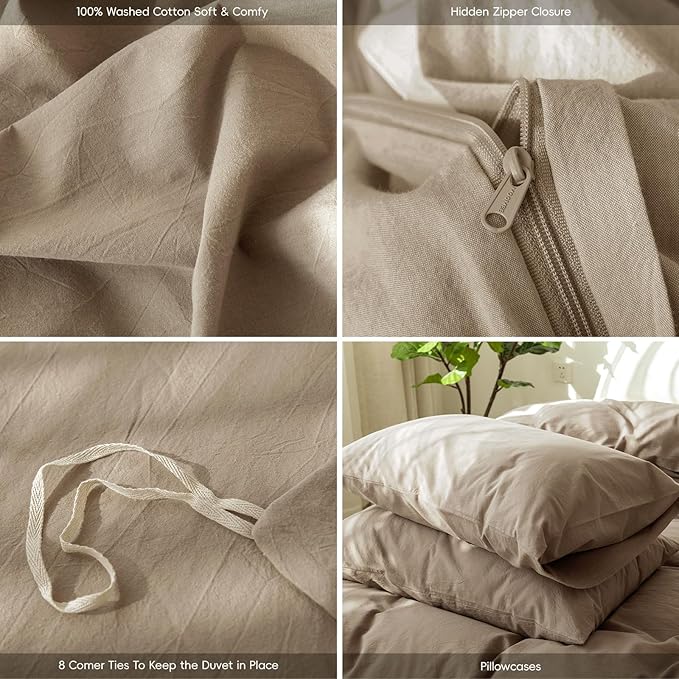 MooMee Bedding Duvet Cover Set 100% Washed Cotton Linen Like Textured Breathable Durable Soft Comfy (Solid Mocha Brown, Twin 68"x90")