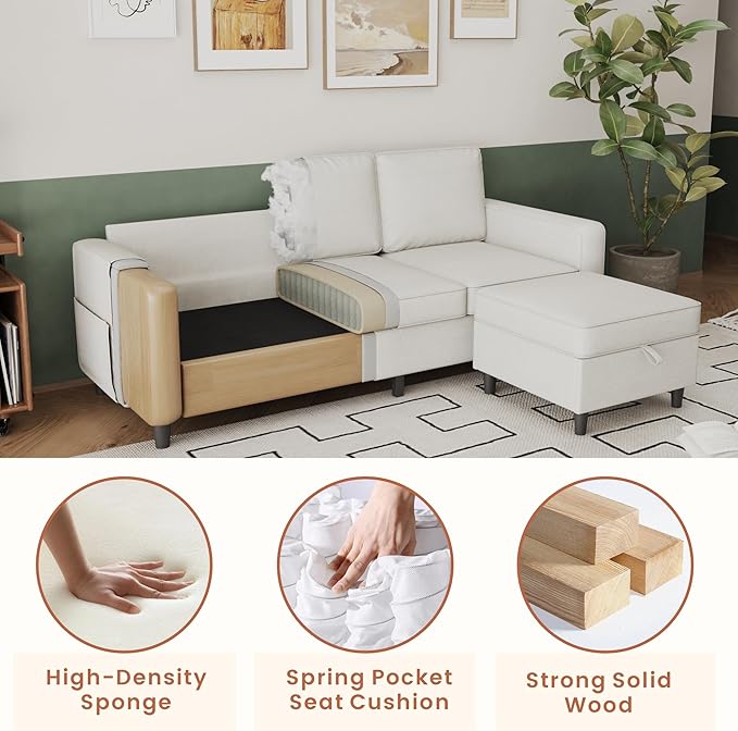 Sectional Sofa Couches for Living Room - 78'' Beige 3 Seat L-Shaped Couch with Type-C Charging Port & Storage Ottoman, Modern Linen Convertible Sectionals Sofas with Chaise for Apartment