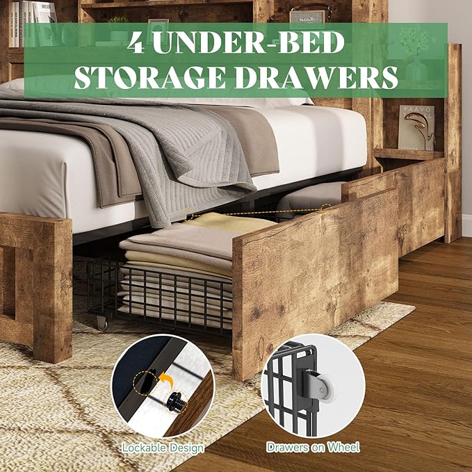 AMERLIFE King Size Bed Frame with 4 Storage Drawer & 2 Slide Bedside Table, Wood Bed Frame with 49.6" Tall Bookcase Headboard, LED Platform Bed with Charging Station, No Box Spring Needed/Rustic Brown