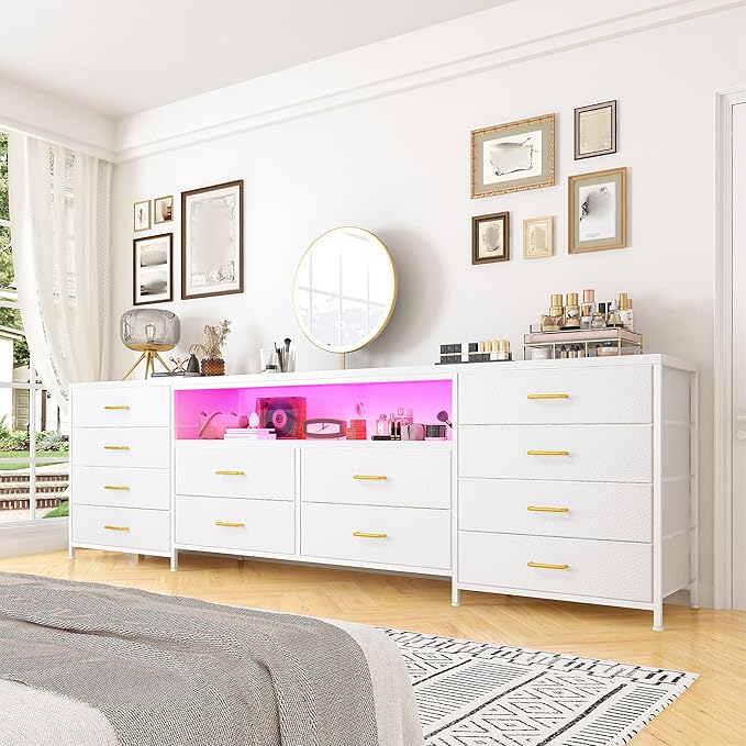 Fits 65,70 inch TV Stand Dresser 63" W TV Entertainment Center for Bedroom with LED Lights & Power Outlets 12 Long Fabric Dresser for Bedroom, Hallway or Closets White