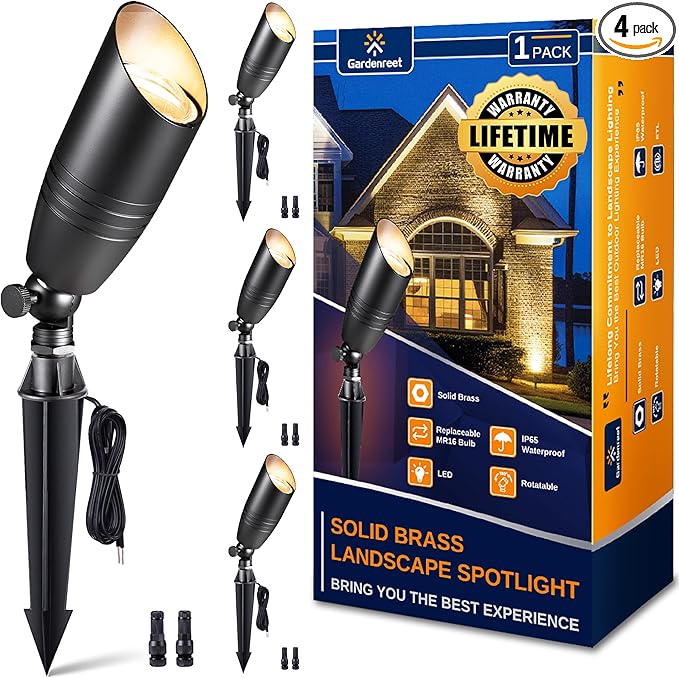 Brass Landscape Lighting - Black Low Voltage Spotlights Outdoor LED, 12V Wired Uplights, Waterproof Spot Lights, Adjustable Focus for Outside Trees Without MR16 Bulb (4 Pack)