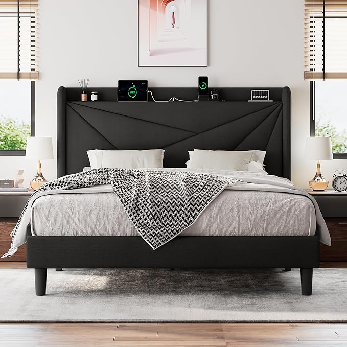 Queen Size Upholstered Bed Frame with Charging Station, Platform Bed Frame with Storage Headboard, Solid Wood Slats Support, No Box Spring Needed, Black