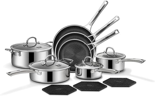 SNOWCLAD Pots and Pans Set Non Stick, 14 Pcs Hybrid Stainless Steel Cookware Sets, Non Stick Frying Pans, Saucepans, Saute Pan & Stock Pot, PFOA Free Kitchen Skillet,Induction Compatible