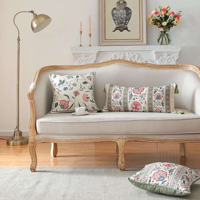 Design Lumbar Retro Elegance Linen Throw Pillow Covers 12"x28" Pack of 2, Green Pink Floral Pattern Cushion Covers Rectangle Decor Pillowcases for Bed,Living Room,Outdoor,Car