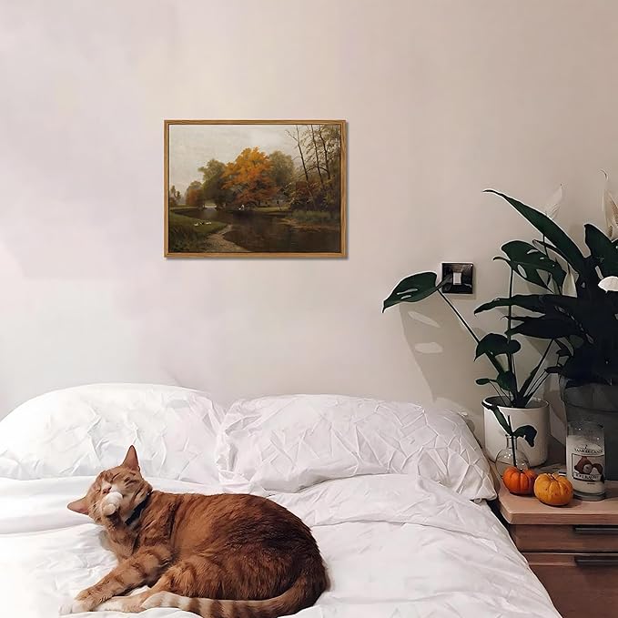 Floating Framed Canvas Wall Art Decor – Vintage Autumn by the Water Landscape Paintings Prints, Nature Countryside Pictures Wall Decor for Living Room Bedroom Office Decoration 8x10 inch