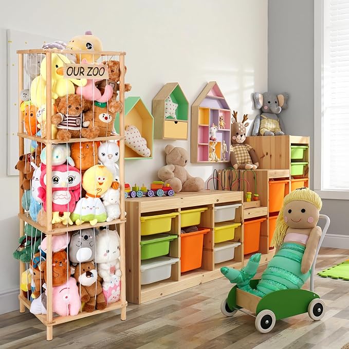 ACEPRUT Wood Stuffed Animal Storage Holder for 50 Plushies, Three Tier Vertical Large Stuffed Animal Zoo Organizer for Playroom Bedroom, Toy Storage Birthday Gifts for Kids