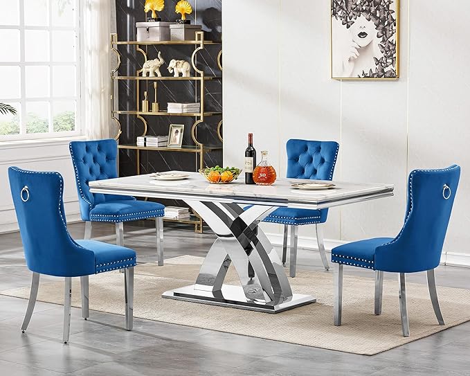 Modern White Marble Dining Table Set for 4,5-Piece Kitchen Table and Chairs for 4,Luxury Silver Dining Room Table Set w/68" Rectangle Dinner Table & 4 Blue Velvet Chairs for Kitchen Dining Room