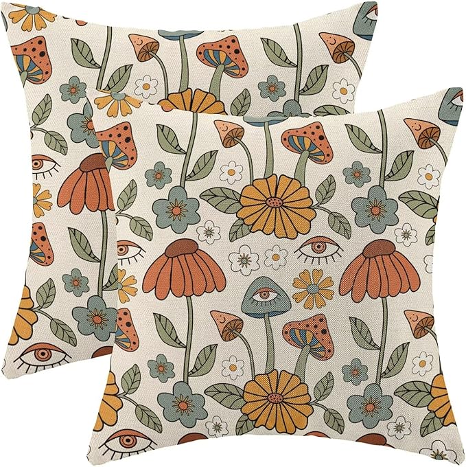BETGINY Boho Throw Pillow Covers 24 x 24 Inch Set of 2, Yellow Orange Fun Cute Mushrooms Retro Decorative Outdoor Pillow Covers 70s Vintage Floral Linen Farmhouse for Couch Sofa Summer Home Decor