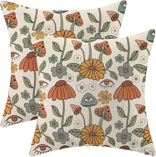 BETGINY Boho Throw Pillow Covers 24 x 24 Inch Set of 2, Yellow Orange Fun Cute Mushrooms Retro Decorative Outdoor Pillow Covers 70s Vintage Floral Linen Farmhouse for Couch Sofa Summer Home Decor