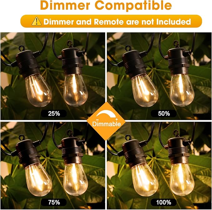 50FT LED Outdoor String Lights with 26 Shatterproof S14 Edison Bulbs (2 Spare), Dimmable Hanging Outdoor Lights for Backyard, Porch, 2700K Warm White