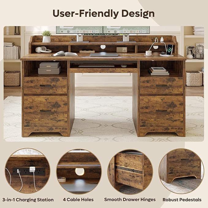 Bestier Farmhouse 59" Executive Desk with Drawers, Wood Computer Desk with Charging Station, Home Office Desk with Keyboard Tray & Monitor Stand, Sturdy Pedestal Desk for Work Study, Rustic Brown