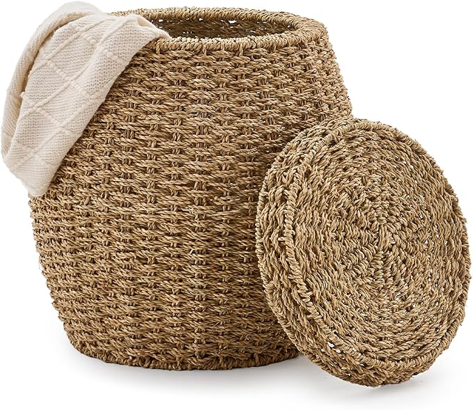 Round Wicker Basket with Lid, Handwoven Seagrass Storage Basket, Blanket Organizer Basket for Laundry, Bathroom, Bedroom, Living Room, Office