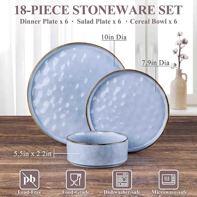 Herogo Dinnerware Sets for 6, 18 Pieces Ceramic Dishware for Kitchen Restaurant, Stoneware Plates and Bowls Sets, Dishwasher & Microwave Safe, Haze Blue