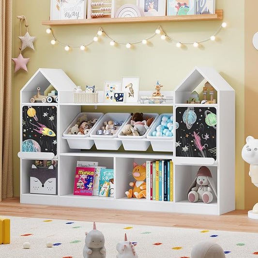Vabches Castle Shape Children's Bookcase with Blackboard, Kids Bookshelf Display Case Kids Toy Storage Organizer Bookshelf Suitable for Playroom, Children's Room, Living Room, White