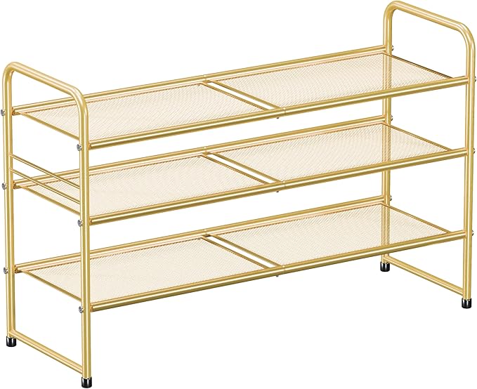 SUFAUY Shoe Rack for Closet, 33 inch Metal Shoe Rack Organizer Heavy Duty, 3 Tier Mesh for Shoes, Gold