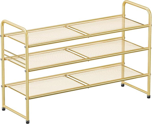 SUFAUY Shoe Rack for Closet, 33 inch Metal Shoe Rack Organizer Heavy Duty, 3 Tier Mesh for Shoes, Gold