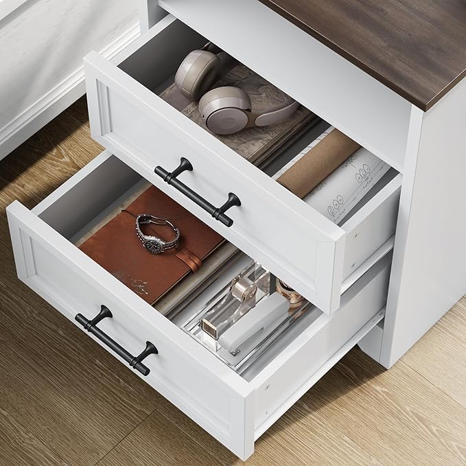 Set of 2 Farmhouse Nightstands with Charging Station, End Tables with 2 Drawers Storage, Space-Saving Wood Storage Cabinets with Unique Base Design, Bedside Tables for Bedroom, Living Room, White