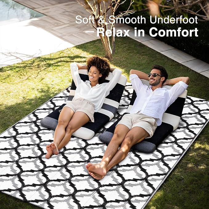 OLANLY Reversible Outdoor Rug 5x8 ft Clearance, Waterproof Outdoor Plastic Straw Rug with Interlacing Pattern, RV Mat for Patio, Camping, Balcony, Deck, Backyard, Black & White