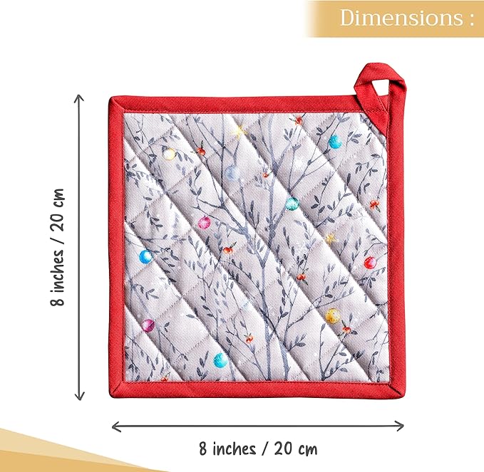 Maison d' Hermine Pot Holders Set 100% Cotton Heat Resistant Potholders 8" x 8" Hot Pads with Loop for Thanksgiving Christmas Decorations BBQ Baking Handling Hot Pans (Pack of 2, Fairy Christmas)