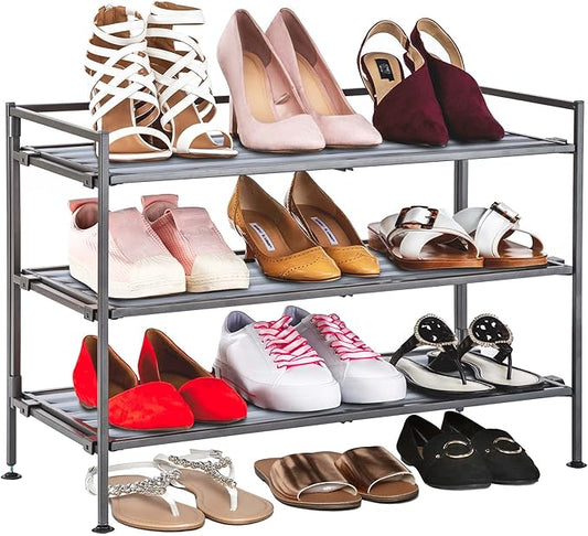 Seville Classics Sturdy Freestanding Storage Shelf for Bedroom, Closet, Entryway, Dorm Room Organizer Stackable Durable Metal Shoe Rack Silver Mist Slat, 3-Tier