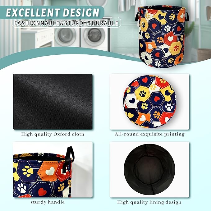 Colorful Dog Paws Hearts Laundry Basket Foldable With Handles Funny Tote Bag Oxford Cloth Animal Laundry Hamper 18.9"x16.5 "Clothe Storage Bucket Toy Organizer For Bathroom/Laundry/Bedroom