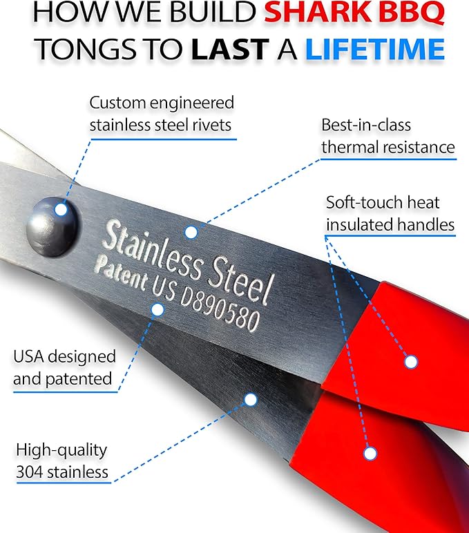 Shark BBQ Grill Tongs - 2-Pack, Great Value Gift Set - 17" & 13" Professional Kitchen and Outdoor Grilling Utensil Set (Red)