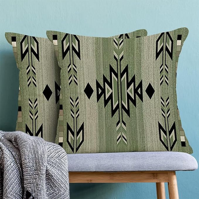 Boho Sage Green Carpet Throw Pillow Covers 18x18 Set of 2, Rustic Tribal Decorative Throw Pillow Covers Antique Sage Green Linen Outdoor Cushion Cover for Sofa Couch Farmhouse Decor