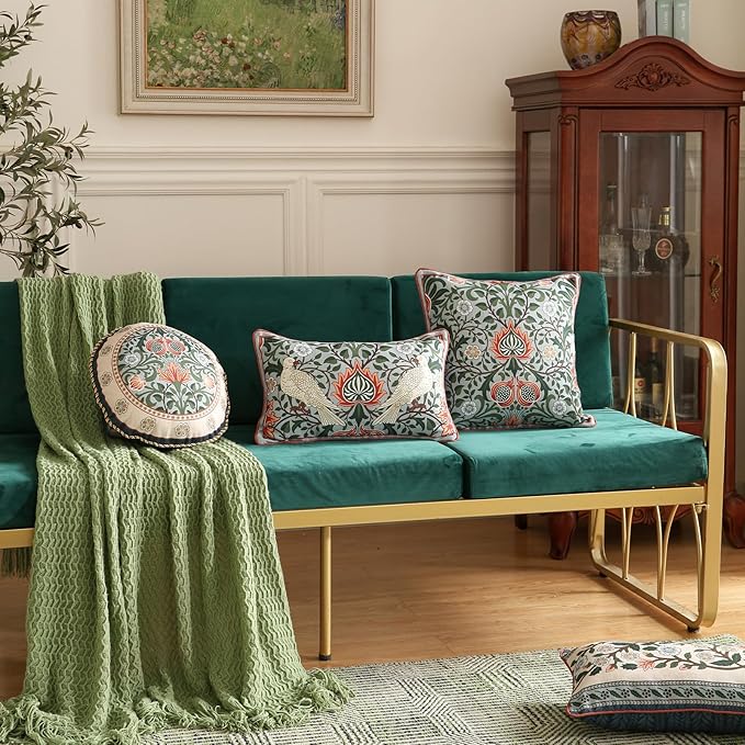 Design Square Retro Elegant Linen Throw Pillow Covers 18"x18" Pack of 2, Blue Gray Floral Pattern Cushion Covers Decor Pillowcases for Bed,Living Room,Outdoor,Car