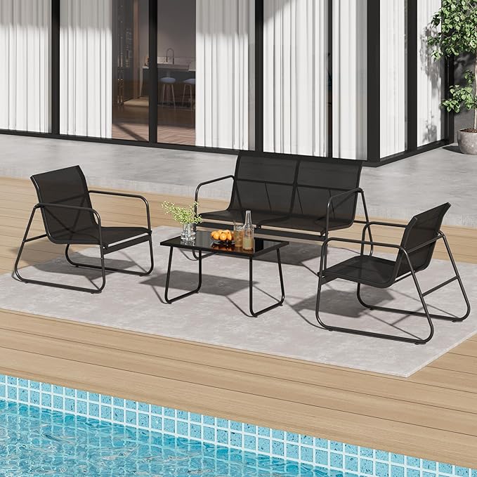 GarveeLife 4Pcs Textilene Conversation Set with 2 Chairs, Patio Conversation Set with Single Chairs and Glass Top Coffee Table, Textilene Furniture Set with Love Seat
