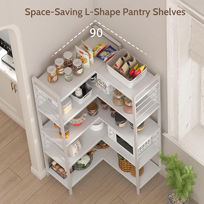 5 Tier Corner Bookshelf, Reversible Corner Shelf, Industrial Wooden Display Book Shelf Stand, L-Shaped Etagere Bookcase with Storage Shelves and Metal Frame for Living Room, Bedroom, Home Office