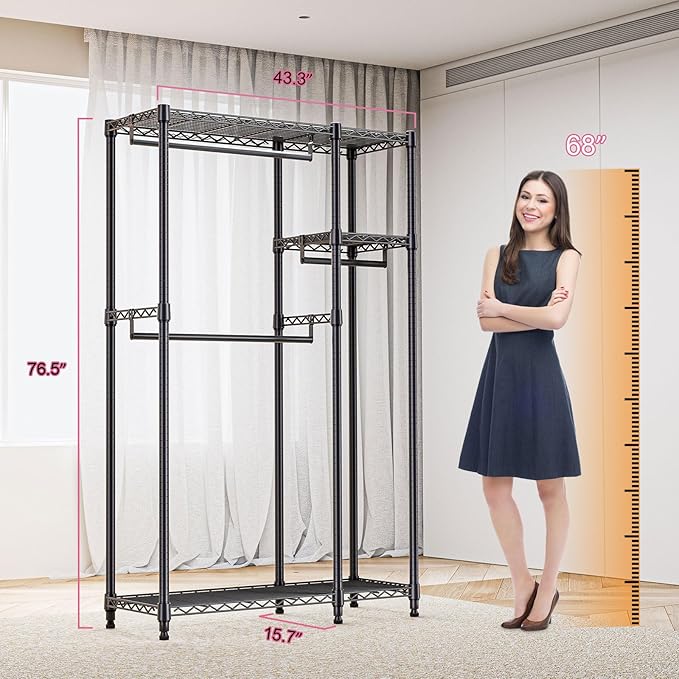 Heavy Duty Rolling Garment Rack 3 Tiers Adjustable Wire Shelving Clothes Rack with 1 Rods and Side Hooks,Storage Closet Clothing Rack Black 15.7" D x 43.3" W x 76.5" H