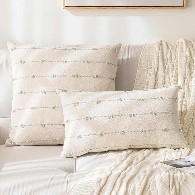 Boho Throw Pillow Covers12x20 Set of 2 Modern Farmhouse Decorative Cushion Case Tufted Linen Square Pillow Cover Neutral Pillow Cases Accent Pillowcase for Sofa,Couch,Bed,Beige and Green
