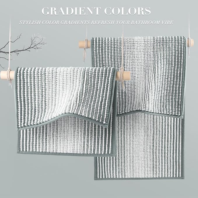 BSICPRO Bathroom Rugs and Mats Sets, 2 Piece Thick Absorbent Chenille Non Slip, Soft Shaggy Floor Mats, Machine Washable (Light Gray, 20" x 47" Plus 16" x 24")