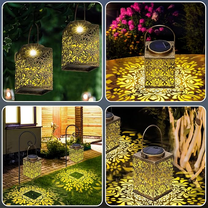 2 Pack Bronze Solar Lanterns - Waterproof Metal Hanging Solar Lights Outdoor Decorative, Solar Powered LED Lamp for Patio Tabletop Porch Deck Yard Garden Decor for Outside (Rose)