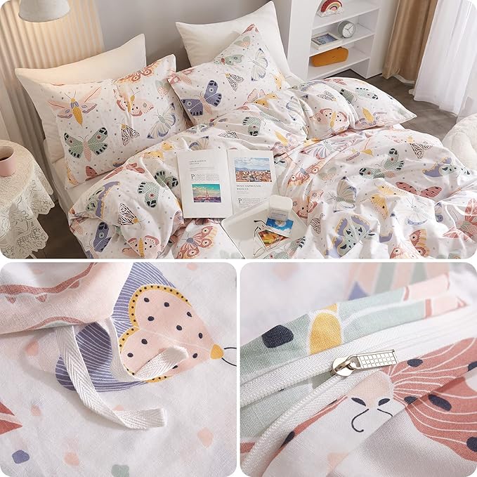 Ivellow Queen Duvet Cover Set 100% Cotton Butterfly White Duvet Cover for Kids Cute Bedding Set 3Pcs Ultra Soft Breathable Kids Duvet Cover Patterned Cartoon Comforter Cover Boys Girls Toddler Teen
